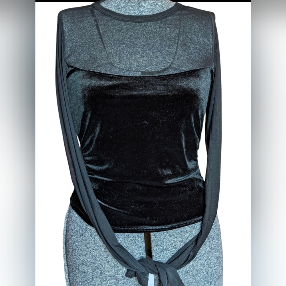 Wild Fable Black Mesh & Velvet Long Sleeve Top XS
